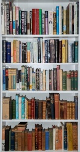 A general library on five shelves; mainly hardcovers with dust jackets. (120+ volumes).