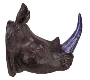 A faux Rhinoceros bust purple wall light, leather and fiberglass, 21st century, 75cm high, 55cm wide, 80cm deep