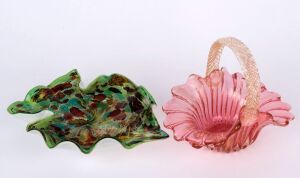 MURANO glass basket vase and green glass dish, 20th century, the green dish 23cm wide