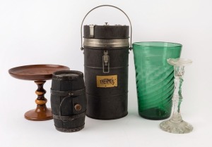 Vintage THERMOS, Australian turned wooden compote, miniature port barrel, green glass vase and a crystal candlestick, 19th and 20th century, (5 items), the largest 46cm high