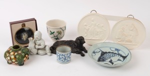 Pair of porcelain plaques, cast iron dog statue, miniature plaque, porcelain beaker, and four pieces of Chinese ceramics, 19th and 20th century, (9 items), ​the plaques 13cm diameter