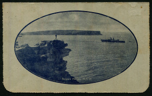 AUSTRALIA: Letter Cards: 1914-18 (BW:LC18/129A) 1d KGV Sideface perf.12½ Die 1 in deep blue on Grey Surfaced Card with Off-White/Cream Interior, "Sydney Heads/NSW (with sky)" illustration, printed notice inside for Paul & Gray (hardware merchants), FU 1916 from Sandgate to Gympie (Qld).