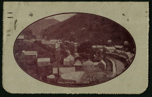 Australia: Postal Stationery - Letter Cards:1914-18 (BW:LC18/139) 1d KGV Sideface Design P12½ Die 1 in deep brown on Grey Surfaced Card with Off-White/Cream Interior, "Walhalla, Victoria" illustration, 1917 postal use from Melbourne to Healesville (Vic), Cat $140.
