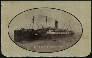 AUSTRALIA: Letter Cards: MILITARY VIEWS: 1914-18 (BW:LC27/M7C) 1d KGV Sideface perf.12½ in purple-brown on Grey to Greenish-Grey Card, white interior, "Off for the Seat of War - A40 deleted" illustration, 1920 (May 3) Bendigo local use with KGV ½d green added to pay War Tax surcharge, Cat $200.