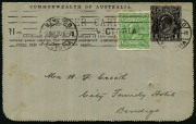 AUSTRALIA: Letter Cards: MILITARY VIEWS: 1914-18 (BW:LC27/M7C) 1d KGV Sideface perf.12&frac12;&nbsp; in purple-brown on Grey to Greenish-Grey Card, white interior, "Off for the Seat of War - A40 deleted" illustration,&nbsp;1920 (May 3) Bendigo local use with KGV &frac12;d green - 2