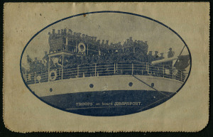 AUSTRALIA: Letter Cards: MILITARY VIEWS: 1914-18 (BW:LC27/M12B) 1d KGV Sideface Design P12½ in deep violet-blue on Grey to Greenish-Grey Card, white interior, "Troops on board Transport" illustration, 1916 (Mar.2) postal use from Kiama (NSW) to Sydney, a little soiled, Cat $120.