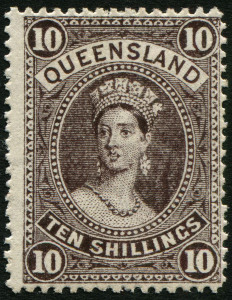 QUEENSLAND: 1882-95 (SG.160) Thick paper, 10/- brown; fresh MLH.