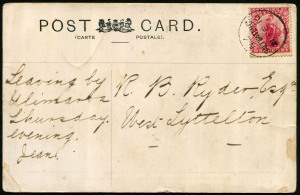Norfolk Island: Melanesian Mission b&w PPC showing "View from Mission Station, Norfolk Island", 1910 (Feb.21) New Zealand usage to West Lyttelton with fine SALTWATER CK Type A datestamp (Rated R6) tying the stamp. Rare.