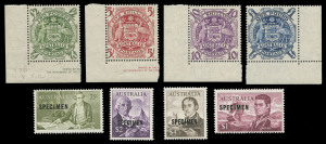 AUSTRALIA: Other Pre-Decimals: 1948-56 Arms 5/- to £2 complete set of corner singles, the £2 with "Roller flaw" MUH; plus 75c - $4 Navigators SPECIMEN set of 4 **, the 75c & $1 showing the 15mm setting. (8).