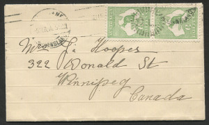 Kangaroos - First Watermark: Feb.1914 usage of ½d Green vertical pair on cover from BRISBANE to WINNEPEG, CANADA.