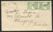 Kangaroos - First Watermark: Feb.1914 usage of &frac12;d Green vertical pair on cover from BRISBANE to WINNEPEG, CANADA.
