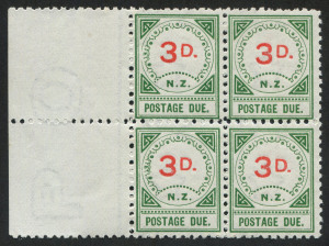 NEW ZEALAND: POSTAGE DUES: 1899 (SG.D12) 3d vermilion & green, left marginal blk.(4), 2 units MUH, 2 MLH. Fine & fresh.