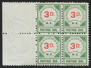 NEW ZEALAND: POSTAGE DUES: 1899 (SG.D12) 3d vermilion & green, left marginal blk.(4), 2 units MUH, 2 MLH. Fine & fresh.