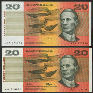 Banknotes - Australia: Decimal Banknotes: 1991 Fraser/Cole $20, with 'AAA' prefix (NPA issue), and general prefix 'RAK' notes; MCD #195 & 195a, Unc. (2)