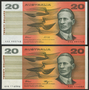 Banknotes - Australia: Decimal Banknotes: 1991 Fraser/Cole $20, with 'AAA' prefix (NPA issue), and general prefix 'RAK' notes; MCD #195 & 195a, Unc. (2)