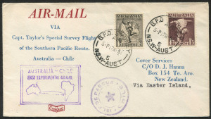 AUSTRALIA: Aerophilately & Flight Covers: 14 March 1951 (AAMC.1271f) Australia - Easter Island flown cover, carried by Captain P.G. Taylor on his Special Survey Flight from Australia to Chile in his Catalina "Frigate Bird II"; ISLE DE PASCUA * CHILE" arrival cachet on front. Cat.$250.
