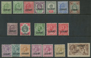 British Levant: 1905-21 (between SG.L1-L24) KEVII-KGV overprinted group with KEVII 1905-12 ½d to 1/- (ex 3d & 5d) including ½d shade, KGV 1911-13 ½d & 1d (2), 1921 3d to 2/6d Seahorse including 6d reddish purple shade (SG.L22a); KEVII 1d no gum, 2½d creas