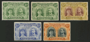 Rhodesia: 1910-13 Double-Heads mint selection comprising Perf.14 ½d yellow-green & ½d dull green (SG.119 & 122), 5d purple & olive-green (SG.141, small tone patch on gum); also Perf.15 2½d ultramarine (SG.172) & 4d black & orange (SG.174), part to large-part gum, fine overall, Cat. £270.