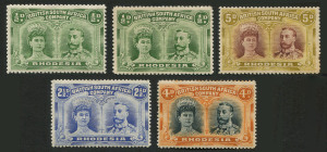 Rhodesia: 1910-13 Double-Heads mint selection comprising Perf.14 ½d yellow-green & ½d dull green (SG.119 & 122), 5d purple & olive-green (SG.141, small tone patch on gum); also Perf.15 2½d ultramarine (SG.172) & 4d black & orange (SG.174), part to large-p