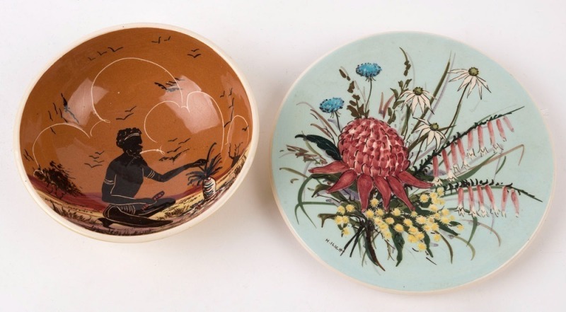 GUY BOYD pottery wildflower plaque and Aboriginal bowl, incised "Guy Boyd, Australia", 18.5cm and 15cm diameter