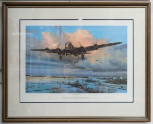 "STRIKE AND RETURN" limited edition lithograph 86/150 by ROBERT TAYLOR, signed by the artist lower left, with additional signatures in the lower margin of Flight Lieutenant W.E. 'JERRY' BATEMAN, Flying Officer HILARY M. BAYLISS DFC, Flight Lieutenant PHIL