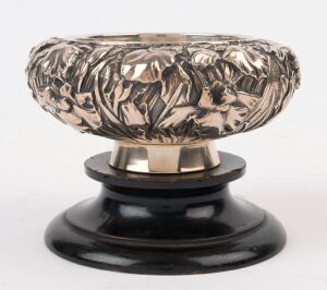 ELKINGTON & Co. impressive double walled sterling silver posy bowl with floral repousse decoration, with original ebonized timber stand, late 19th century, 6cm high, 10cm high overall, 12.5cm diameter, 340 grams