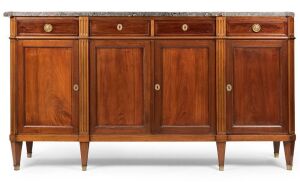A French Louis XVI style mahogany buffet with marble top, 19th/20th century, ​​​​​​​103cm high, 190cm wide, 50cm deep