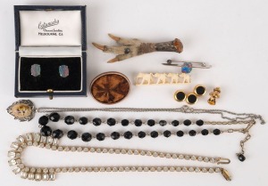 Three costume jewellery necklaces, elephant brooch, Scottish grouse foot brooch, studs, costume brooch, opal brooch and earrings (10 items), 19th and 20th century