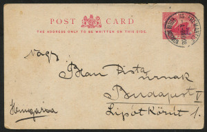 WESTERN AUSTRALIA - Postal Stationery: POSTAL CARDS: 1908 (Nov.9) use of 1½d on 2d carmine Postal Card (PC14) from Fremantle to Hungary. Only 6,000 to 8,000 of this card were delivered. Scarce, especially to unusual overseas destinations.