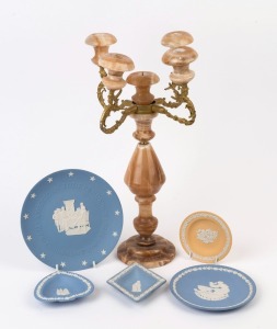Six Wedgwood Jasper ware dishes together with an Italian alabaster candelabra, 20th century, (6 items), the candelabra 45cm high