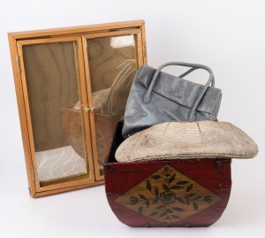 Rice carrier, two handbags and a wall mounted earring display cabinet, (4 items),