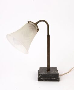 A gooseneck table lamp, brass and frosted glass with marble base, early to mid 20th century, ​​​​​​​33cm high