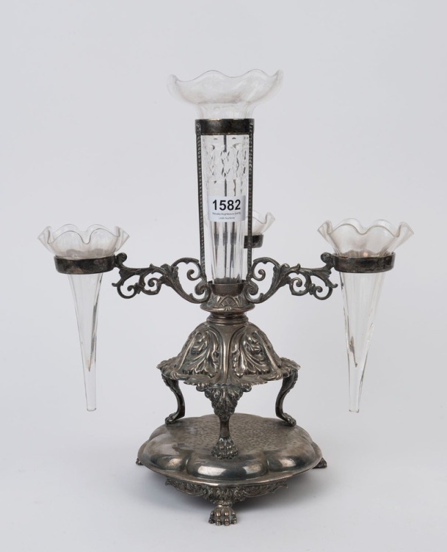 An antique silver plated epergne centrepiece with glass trumpet adornments, 19th century, 35cm high