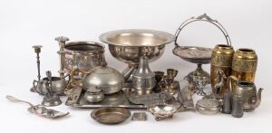 Assorted antique and vintage silver plated ware, brass ware and pewter ware (25 items), 19th and 20th century, the punch bowl 18cm high, 32cm diameter
