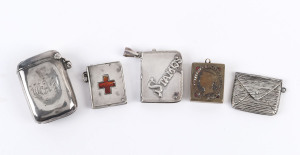 Collectables: Stamp Boxes - Silver: Edwardian era selection, all with fob chain rings/loops, comprising single-size case in book form (27x33mm), sterling silver, 'Stamps' impressed on face, weight 14g, excellent condition overall; envelope form case (30x23mm) with horizontal rolled-line pattern, not hallmarked, weight 7gr; c.1910 Crisford & Norris single-size case in book form, engraved cross on the face highlighted in red enamel, weight 10g; also 1907 vesta case