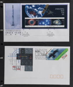 AUSTRALIA: First Day & Commemorative Covers: 1992-2000 collection of unaddressed FDCs on 100+ Hagners in three matching Australia Post FDC albums with better issues including 1992 Box Link, 1993 Counter Printed Threatened Species and Kangaroo & Koala sets, 1996 AFL Centenary set of 4 covers, $10 Kakadu M/S, International Post to $10, and other attractive M/Ss; very clean lot.
