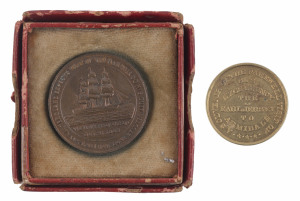 AGRICULTURAL MEDAL: 1893 medal commemorating the Earl of Jersey's visit to the Armidale Show in NSW, copper alloy, diameter 25mm; also 1805-1905 Centenary Medal commemorating Nelson's triumph at Trafalgar containing copper from HMS Victory, the sales of which were used to fund the restoration the famous Flagship, diameter 30mm, with the original presentation box. (2 items).