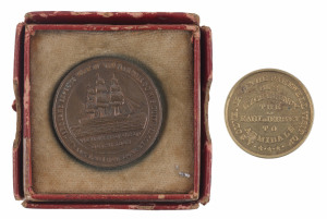 AGRICULTURAL MEDAL: 1893 medal commemorating the Earl of Jersey's visit to the Armidale Show in NSW, copper alloy, diameter 25mm; also 1805-1905 Centenary Medal commemorating Nelson's triumph at Trafalgar containing copper from HMS Victory, the sales of w