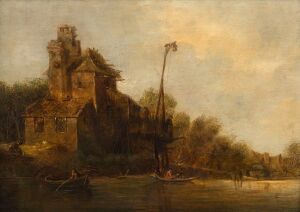 Circle of JAN VAN GOYEN (1596-1656), Dutch canal scene, oil on wooden panel, 29 x 41cm, 47 x 59cm overall. PROVENANCE: The Jason E. Sprague Collection, Melbourne.