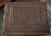 An Anglo-Indian workbox, superbly carved on all sides, with claw feet and compartmented lift out tray fitted with lids, early to mid 19th century, 18cm high, 32.5cm wide, 25.5cm deep - 4