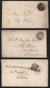 GREAT BRITAIN - Postal Stationery: Envelopes: 1841 QV 1d pink Huggins & Baker EP3-EP5 used selection, some with original enclosures, variety of numeral or Maltese Cross cancels in black, and many fine transit and arrival backstamps including coloured typ