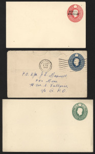 GREAT BRITAIN - Postal Stationery: Envelopes: 1939-51 KGVI selection (Huggins & Baker EP72-EP80 range) comprising ½d green size G unused, 1½d brown size H four used & one unused, 1½d brown size G two used & one unused, 2½d blue size E four used (one from Belfast to H.M.S. Valkyrie) & one unused, size G two used & one unused, size H eight used and one unused, 2½d carmine size E three used and one unused with 'SCHOOL/SPECIMEN' handstamp, size H four used & three unused