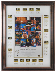 2000 SYDNEY OLYMPICS - AUSTRALIAN TEAM GOLD MEDALLISTS: large display with central colour images showing gold medal winning Australian Olympians, bordered by signatures of all the successful athletes; limited edition #50 of 500 produced; window mounted, framed & glazed, overall 110x145cm.
