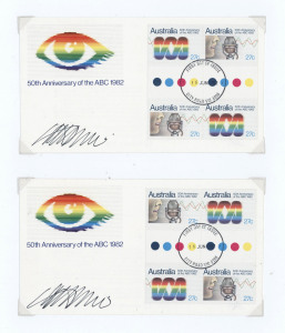 AUSTRALIA: First Day & Commemorative Covers: FDCs SIGNED BY ARTISTS & DESIGNERS: autographs on 1980s-90s era FDCs or philatelic items comprising Archibald Prize winner William Dargie (2), Peter Trussler (4), Richard Linton (2, one beneath ship photo) & AR Timbs (2), graphic designer & paper money artist Bruce Stewart (4) and designer Ken Cato (8); all neatly presented within 6 display folders. (6 folders)