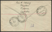 Kangaroos - Third Watermark: Kangaroos - Third Watermark : April 1926 usage of 6d Chestnut Die IIB [BW:21A] on registered cover to Germany, the stamp tied by MURTOA (Vic.) datestamp with red/white registration label alongside, Murtoa, Melbourne & Crailshe - 2