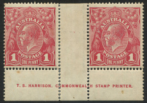 KGV Heads - Single Watermark: 1d Red Plate 3 Harrison one-line imprint pair with variety "White flaw in right frame opposite emu's feet" [VI/55], light gum tones; BW: 71(3)zf - Cat. $1500 (as an imprint block of 4).