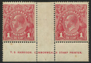 KGV Heads - Single Watermark: 1d Red Plate 3 Harrison one-line imprint pair with variety "White flaw in right frame opposite emu's feet" [VI/55], light gum tones; BW: 71(3)zf - Cat. $1500 (as an imprint block of 4).