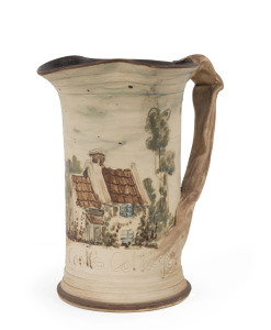 REMUED "Cook's Cottage, Melbourne Centenary, 1934" pottery jug with sgraffito and hand-painted finish, rare, incised "Remued", 17cm high