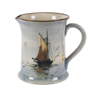 REG HAWKINS, P.P.P. (PREMIER POTTERY PRESTON) pottery jug with painted boating scene, signed "R. HAWKINS" with "PPP" stamp, 14.5cm high