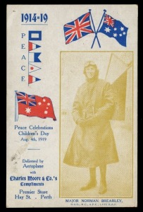 Aerophilately & Flight Covers : 4 Aug.1919 (AAMC.19) Major Norman Brearley in an Avro biplane dropped a batch of advertising postcards for Charles Moore & Co over Perth and suburbs. [This example is one of 6 known.] Provenance: Nelson Eustis Gold Medal C